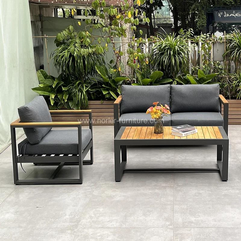 Wysokiej jakości sofa z drewna drewniana z drewna aluminiowa na zewnątrz